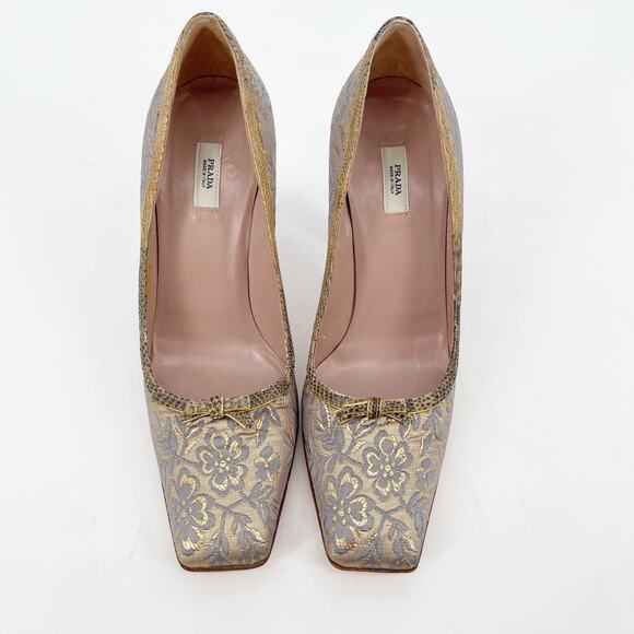 Prada Vintage Gold Floral Brocade Snakeskin Trim Bow Square Toe Heel IT 36.5 - Picture 6 of 11